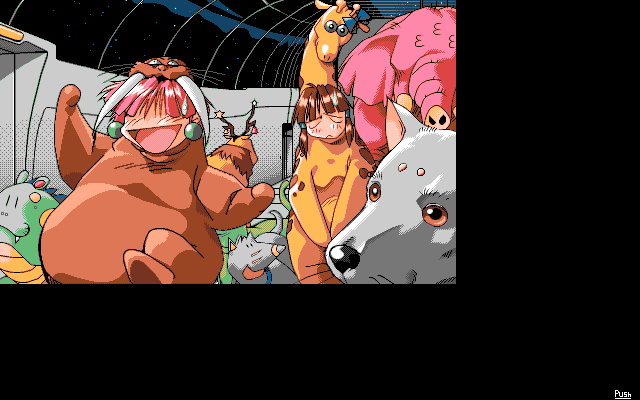 Uchū Kaitō Funny Bee (PC-98) screenshot: Zoo? Costume party?.. :)