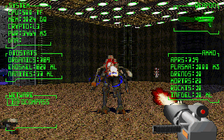 Rex Blade: The Battle Begins (DOS) screenshot: Shooting a monster (full interface)