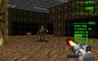 Rex Blade: The Battle Begins (DOS) screenshot: Shooting a monster (partial interface)