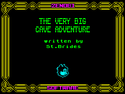 The Very Big Cave Adventure (ZX Spectrum) screenshot: Title screen: Zenobi Software release. The same screen is used for parts one and two