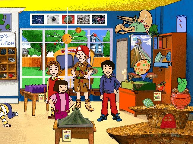 Scholastic's The Magic School Bus Explores Inside the Earth (Windows) screenshot: On the right side of the room there are projects to click on and a bus to board