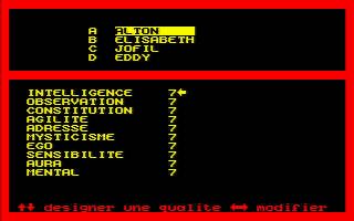 Inquisitor: Shade of Swords (Amstrad CPC) screenshot: Character creation.