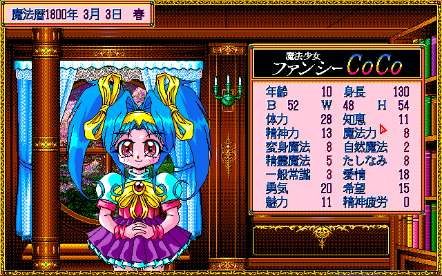 Mahō Shōjo Fancy CoCo (PC-98) screenshot: Coco's stats