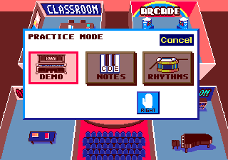 The Miracle Piano Teaching System (Genesis) screenshot: Practice mode menu
