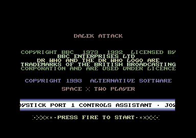 Dalek Attack (Commodore 64) screenshot: Copyright info and instructions.