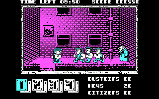 Joe Blade II (DOS) screenshot: Some shady looking characters in this alley...