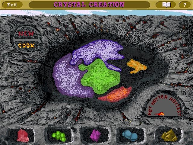 Scholastic's The Magic School Bus Explores Inside the Earth (Windows) screenshot: The Crystal Creation activity allows the player to mix and cook...crystals