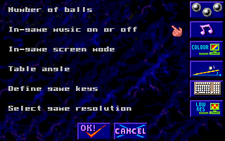 Pinball Arcade (DOS) screenshot: Options Menu