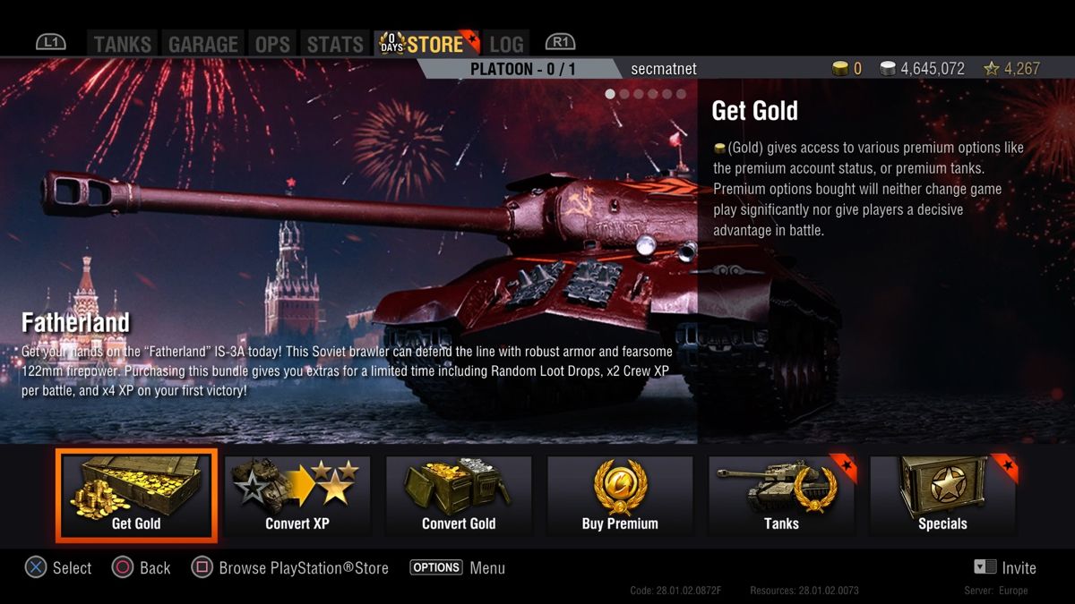 World of Tanks: Fatherland IS-3A Loaded (PlayStation 4) screenshot: Fatherland tank introduced for in-game purchase