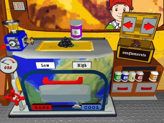 Scholastic's The Magic School Bus Explores Inside the Earth (Windows) screenshot: In the Earth Kitchen, experiment on items from the rock box by applying heat, gas, and changing the chemical composition