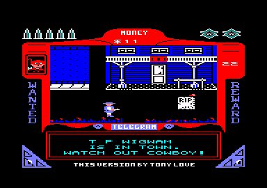 Gunfighter (Amstrad CPC) screenshot: T. P. Wigwam is in town.