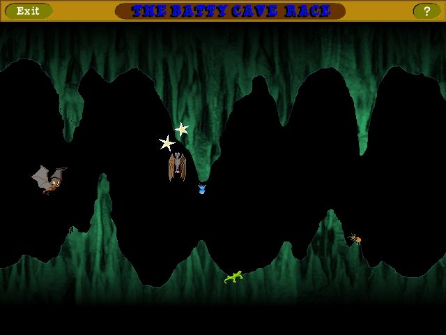 Scholastic's The Magic School Bus Explores Inside the Earth (Windows) screenshot: In the Caverns, help a bat maneuver between stalagmites and stalactites (G = ground and C = Ceiling, remember?)