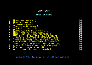 Dark Star (Amstrad CPC) screenshot: The high scores.