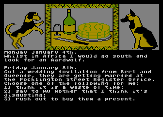 The Growing Pains of Adrian Mole (Atari 8-bit) screenshot: Got a wedding invitation. What should I do?