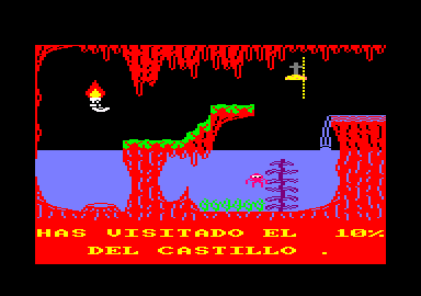 Sir Fred (Amstrad CPC) screenshot: Usted murió. Has visitado el 10% del castillo. (You died. You have visited 10% of the castle.).