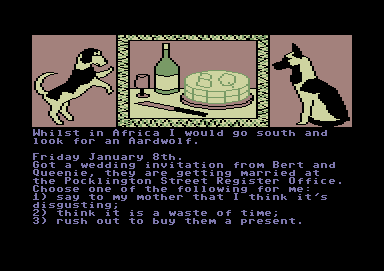The Growing Pains of Adrian Mole (Commodore 64) screenshot: Got a wedding invitation. What should I do?