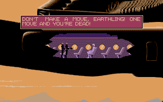 Future Wars: Adventures in Time (DOS) screenshot: "This is an unscheduled hijack!"