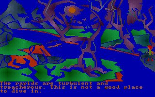 The Black Cauldron (PC Booter) screenshot: A spooky forest with a treacherous river (CGA with RGB monitor)