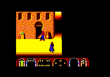 Tuareg (Amstrad CPC) screenshot: He guards the door and won't let me in.