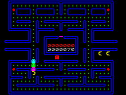 Gobble A Ghost (ZX Spectrum) screenshot: The game starts with a rolling demo in which the gobbler chomps through seven dots and waits for the ghosts to come for him. Even I can play better than that!