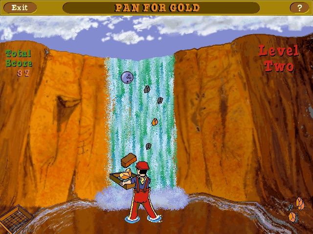 Scholastic's The Magic School Bus Explores Inside the Earth (Windows) screenshot: To "pan for gold", the player moves Carlos back and forth with the arrow keys, attempting to catch only gold nuggets