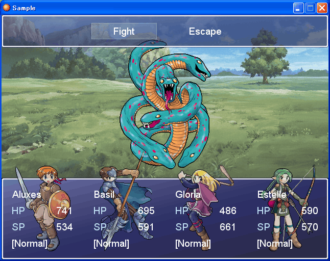 RPG Maker XP (Windows) screenshot: A sample fight