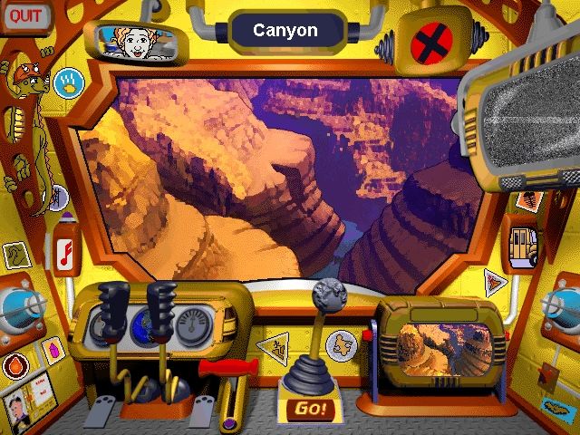 Scholastic's The Magic School Bus Explores Inside the Earth (Windows) screenshot: On board the bus, the gear shift and GO! button take the player to his chosen location