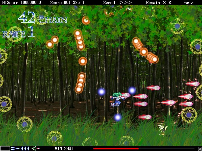 Thunder Faith (Windows) screenshot: Sanae is surrounded.