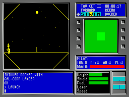 Tau Ceti: The Lost Star Colony (ZX Spectrum) screenshot: The LAUNCH command actually starts the game. The planet surface is gradually revealed in an expanding diamond window. When this is fully displayed the radar kicks in