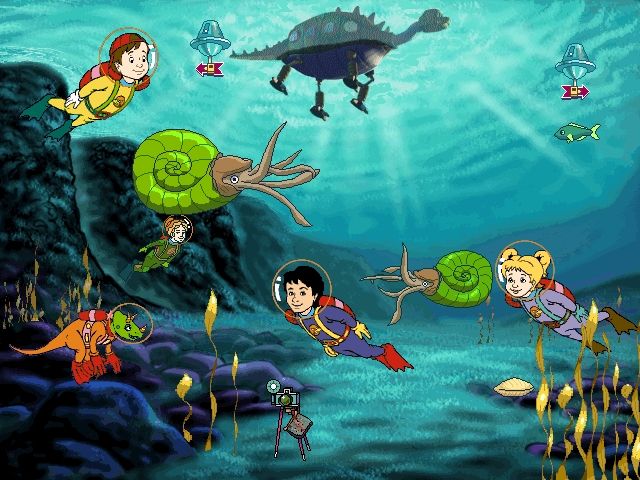 Scholastic's The Magic School Bus Explores in the Age of Dinosaurs (Windows) screenshot: Under the sea. The camera at the bottom will take pictures to replace the missing ones.