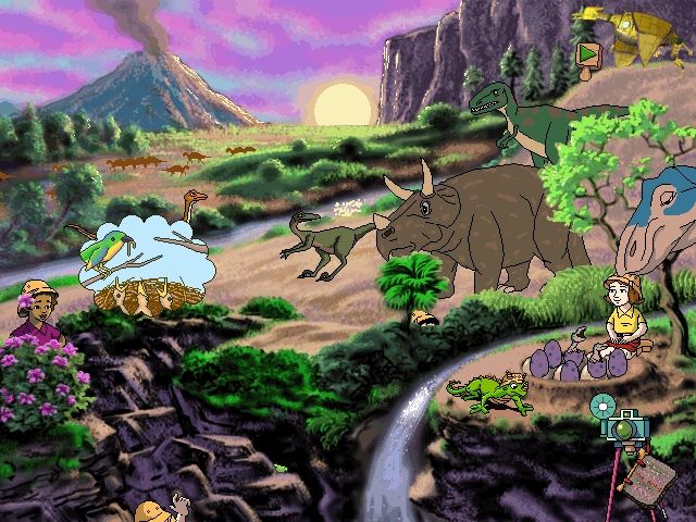 Scholastic's The Magic School Bus Explores in the Age of Dinosaurs (Windows) screenshot: Keisha compares the way a dinosaur feeds it young to the way a bird does - MSB was ahead of its time!