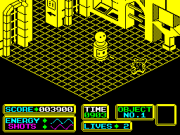 Bomb Scare (ZX Spectrum) screenshot: ARNOLD can shoot the aliens as well as run them over