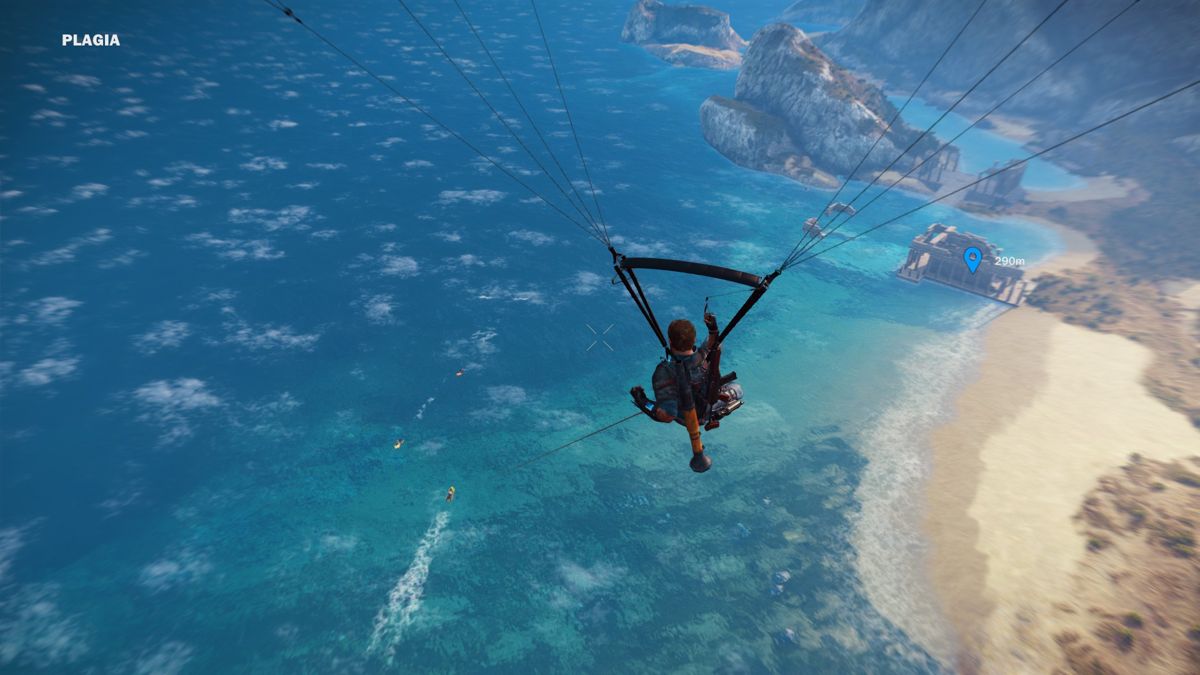 Just Cause 3 (Windows) screenshot: Vehicles can be used to gain speed when using the parachute