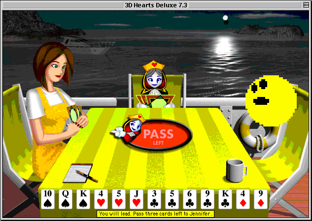 3D Hearts Deluxe (Macintosh) screenshot: Passing the cards to the other players.