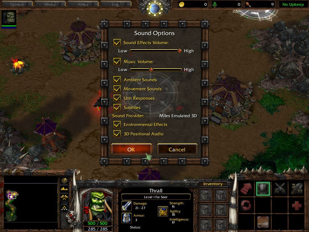 WarCraft III: Reign of Chaos (Windows) screenshot: Some of the ingame options.