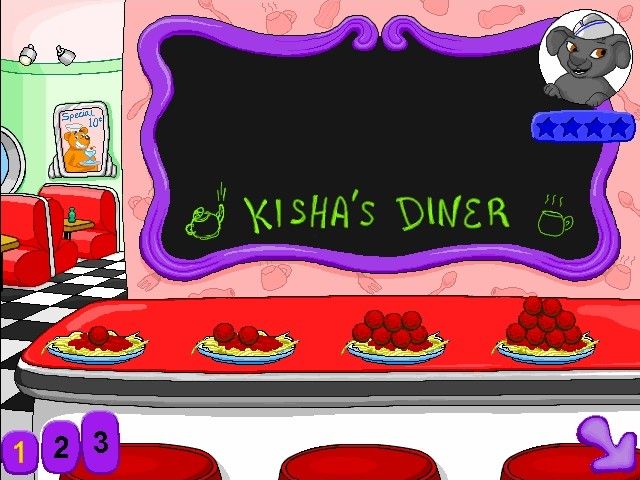 JumpStart Pre-K (Windows) screenshot: After Kisha mixes up the plates, the player puts them back in order from least to most