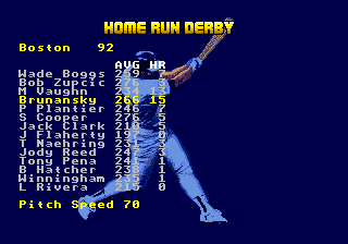 R.B.I. Baseball '93 (Genesis) screenshot: Choosing a batter and the speed of the pitch for the Home Run Derby