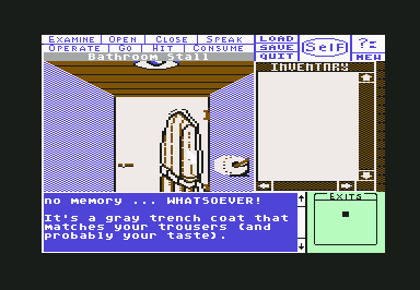 Deja Vu: A Nightmare Comes True!! (Commodore 64) screenshot: Examining the coat.
