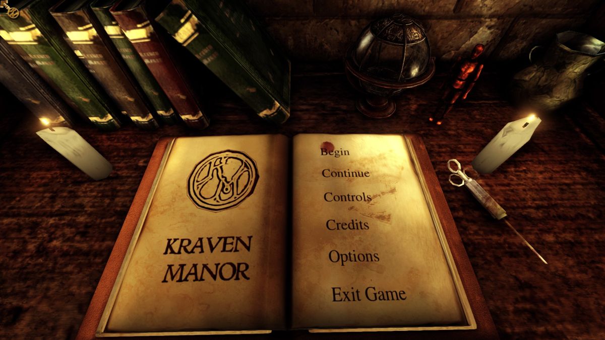 Kraven Manor (Windows) screenshot: Title screen with main menu