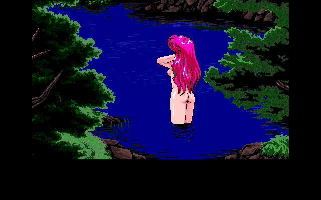 Branmarker (PC-98) screenshot: Shami, the heroine of the game. That's the first time we see her. I wonder what would I say to her under these circumstances