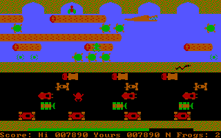 Frogger (PC Booter) screenshot: Later levels add more obstacles