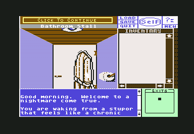 Deja Vu: A Nightmare Comes True!! (Commodore 64) screenshot: You start in a restroom stall with a trench coat hanging on the door.