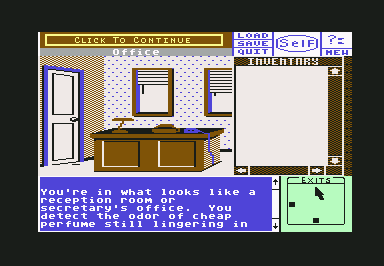 Deja Vu: A Nightmare Comes True!! (Commodore 64) screenshot: In a reception area upstairs.