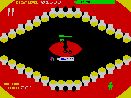 Molar Maul (ZX Spectrum) screenshot: The game commences. The current sweet is a Jelly Baby, later other stronger sweets appear.