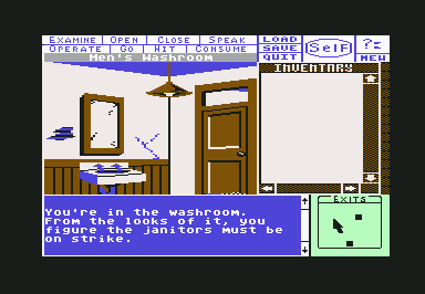 Deja Vu: A Nightmare Comes True!! (Commodore 64) screenshot: Out of the stall. The restroom could use a cleaning.