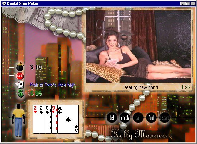 Digital Strip Poker featuring Kelly Monaco (Windows) screenshot: Dealing new hand (Black skirt round 1)