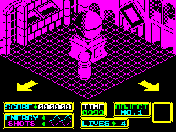 Bomb Scare (ZX Spectrum) screenshot: Start of the mission. Controlling ARNOLD is easy, one key for 'move' and another to rotate. I found the colours are a great help in keeping track of where I am because there's no map