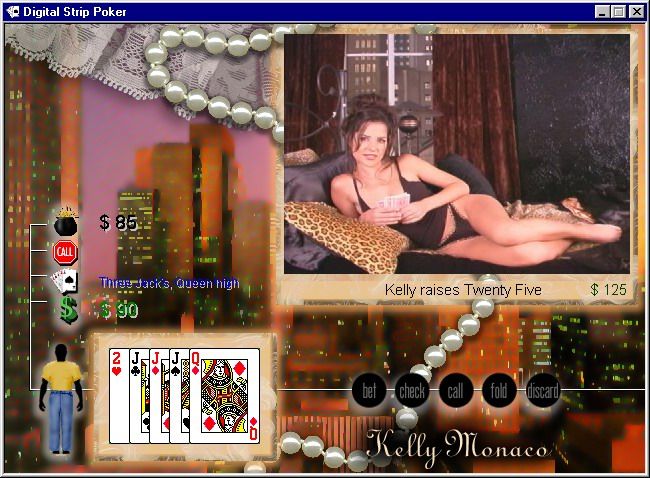 Digital Strip Poker featuring Kelly Monaco (Windows) screenshot: Kelly raises twenty five without skirt (Black skirt round 2)