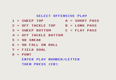 Super Bowl Sunday (Commodore 64) screenshot: Your offensive play options