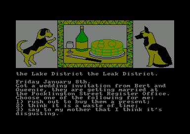 The Growing Pains of Adrian Mole (Amstrad CPC) screenshot: Got a wedding invitation. What should I do?